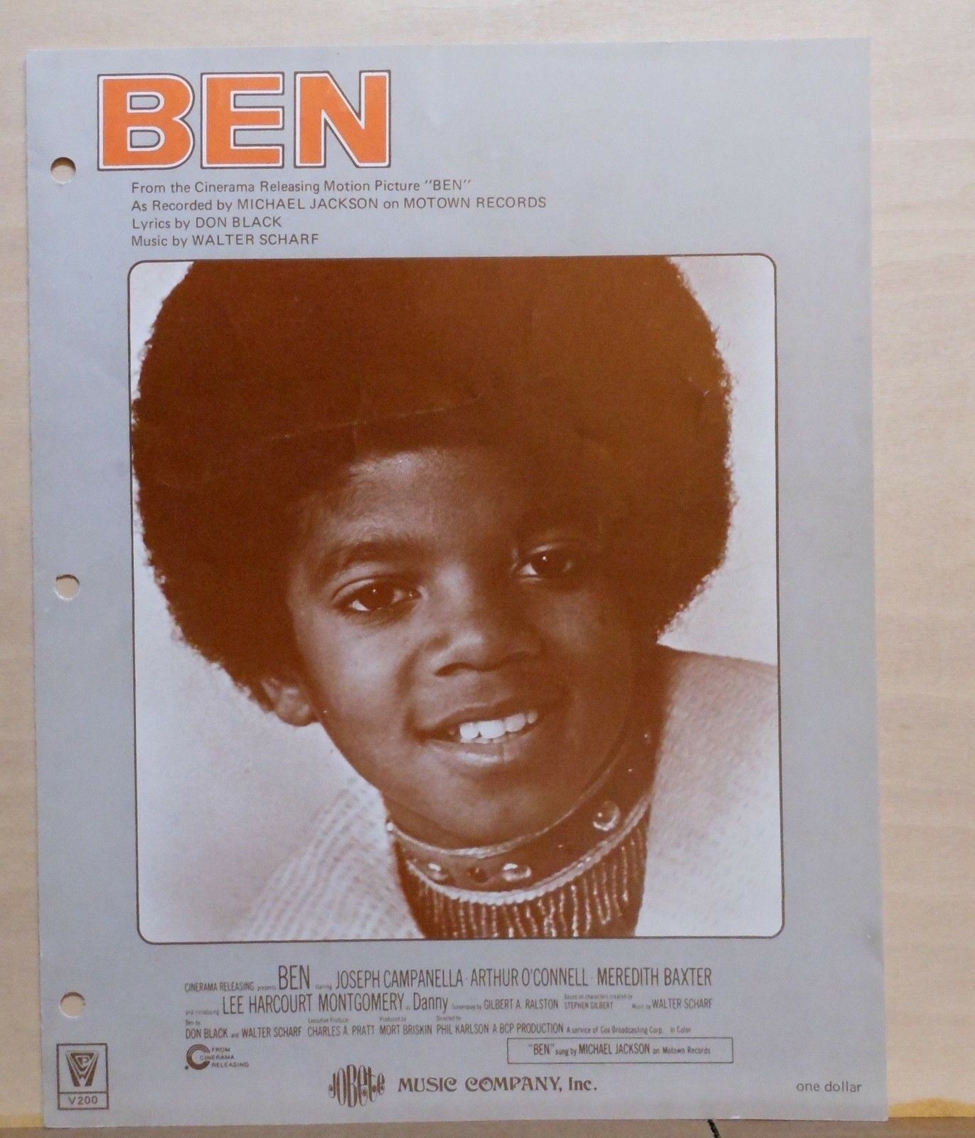 Ben - Vintage 1972 Sheet Music, Cover Photo Of Michael Jackson, From Movie "ben"